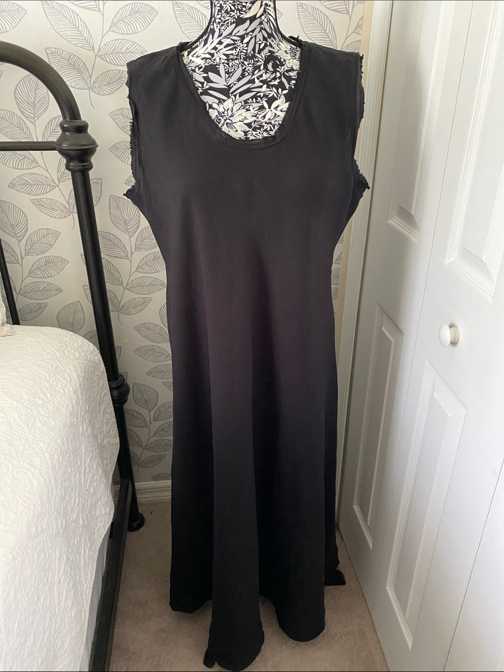Eileen Fisher black organic linen dress sleeveless with frayed hem edges